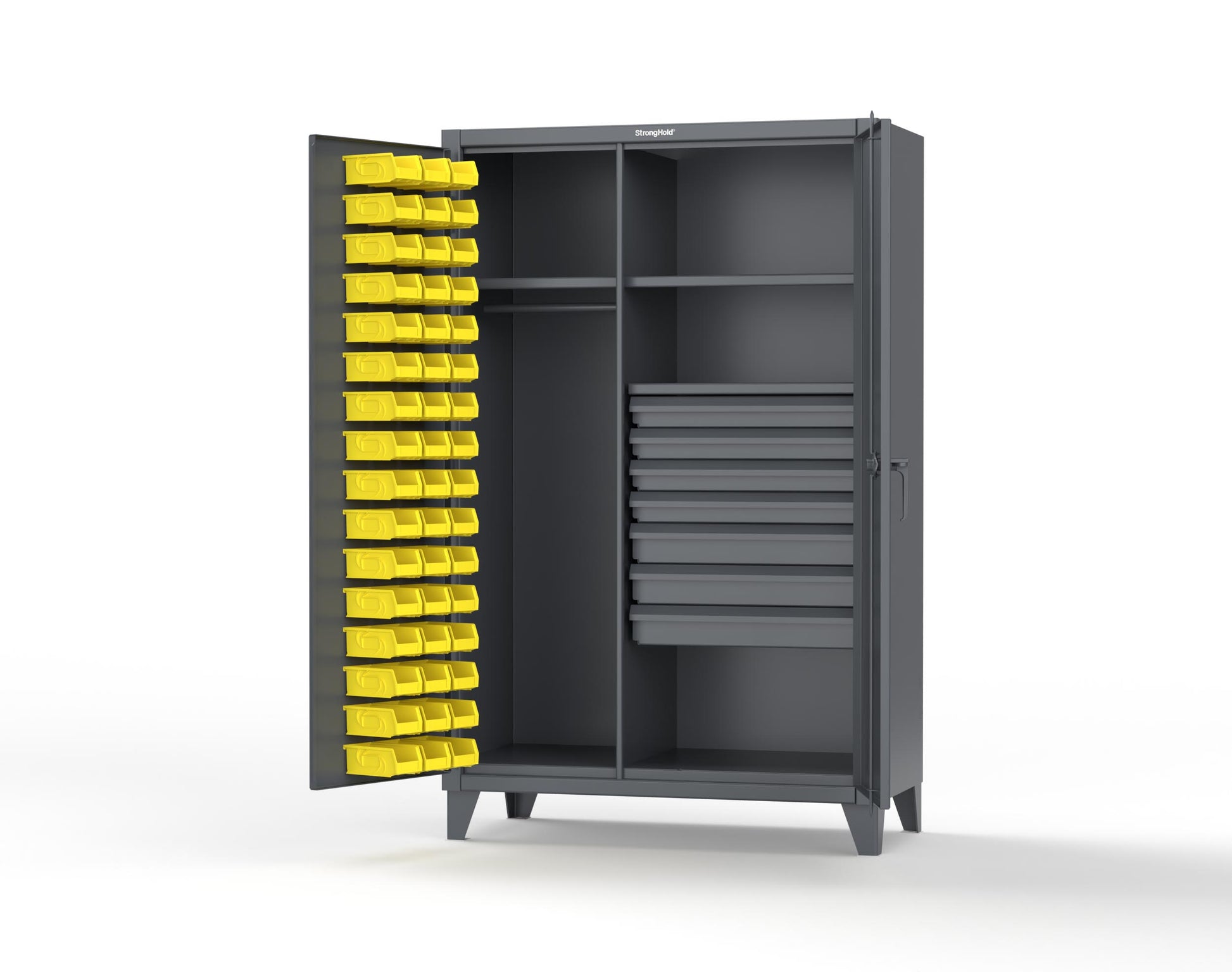 Extreme Duty 12 GA Uniform Cabinet with 48 Bins, 7 Drawers, 3 Shelves - 48 In. W x 24 In. D x 78 In. H - 46-WBD-243-7DBLD-7024