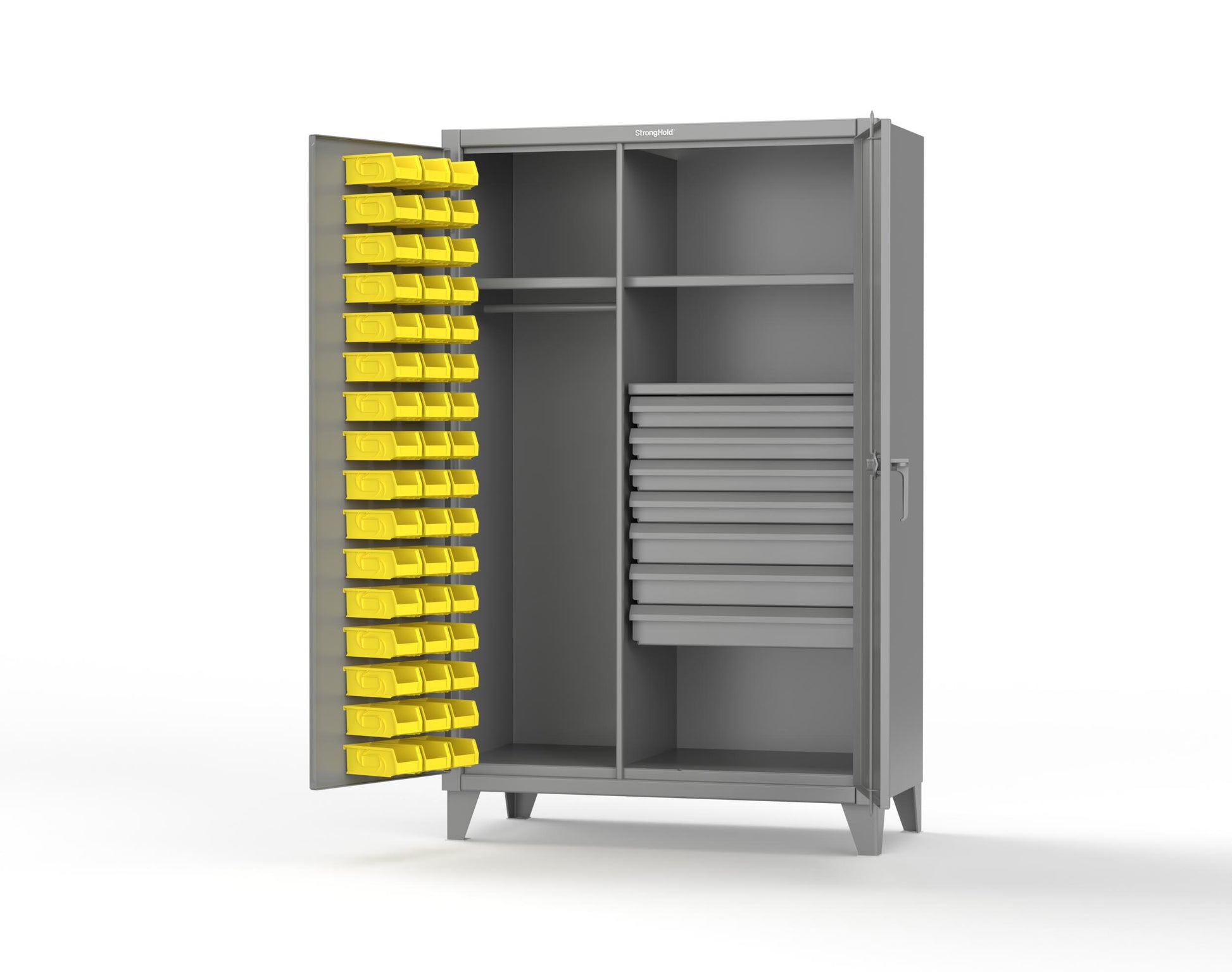 Extreme Duty 12 GA Uniform Cabinet with 48 Bins, 7 Drawers, 3 Shelves - 48 In. W x 24 In. D x 78 In. H - 46-WBD-243-7DBLD-7037