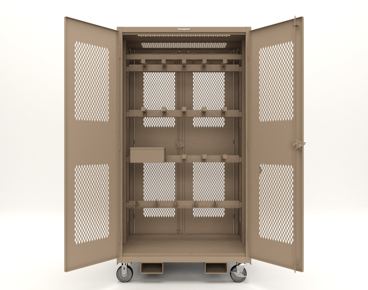 Extreme Duty 12 GA Mobile Rigging Cabinet with Ventilated Doors with Short & Long Hangers – 48 in. W x 36 in. D x 92 in. H - 47-VBS-360-24H-DBS-FLP-CA-1019