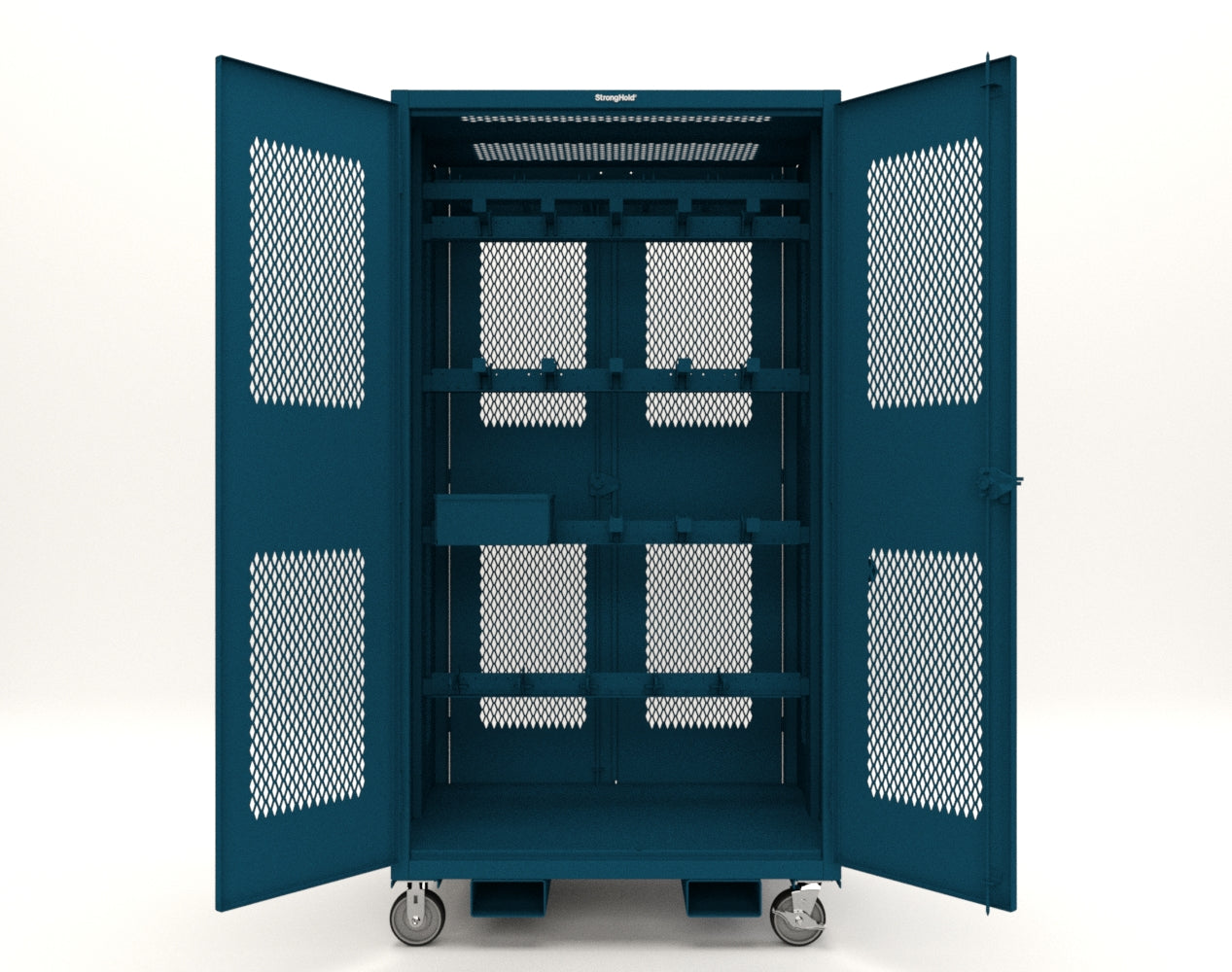 Extreme Duty 12 GA Mobile Rigging Cabinet with Ventilated Doors with Short & Long Hangers – 48 in. W x 36 in. D x 92 in. H - 47-VBS-360-24H-DBS-FLP-CA-5001