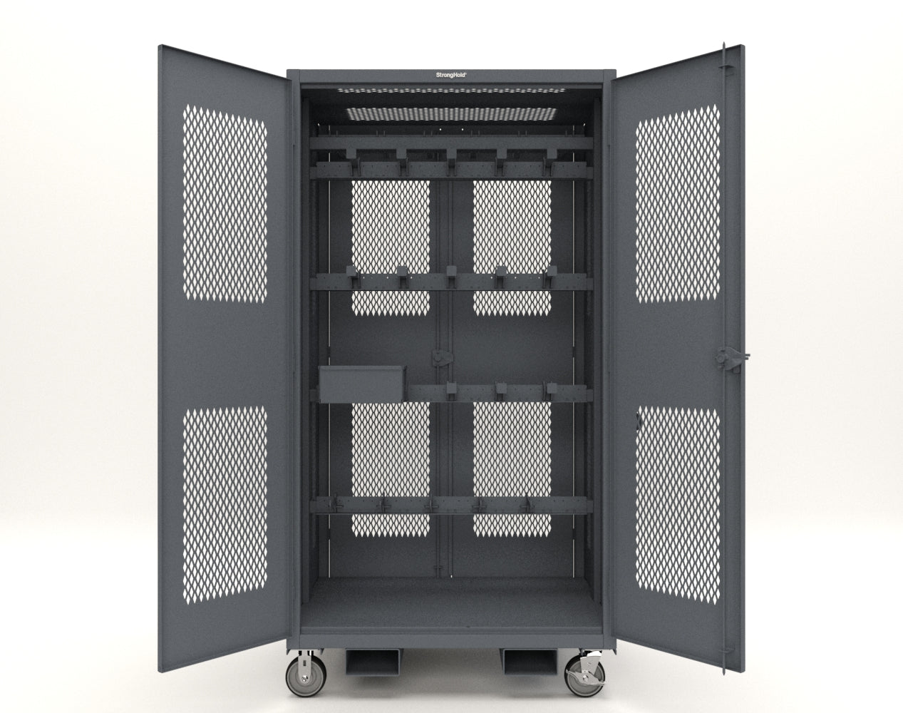 Extreme Duty 12 GA Mobile Rigging Cabinet with Ventilated Doors with Short & Long Hangers – 48 in. W x 36 in. D x 92 in. H - 47-VBS-360-24H-DBS-FLP-CA-7024