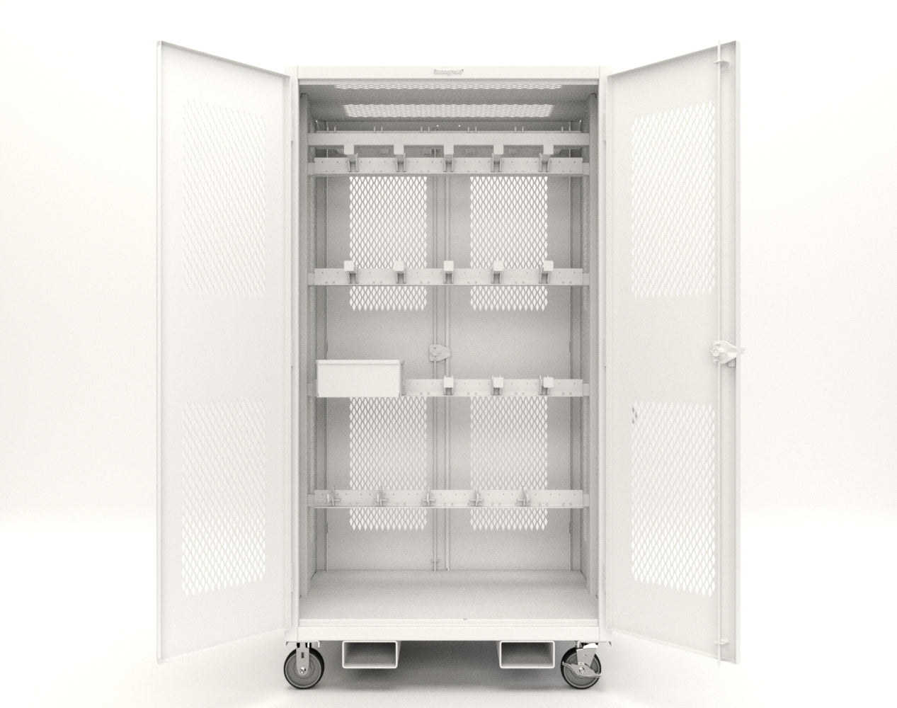 Extreme Duty 12 GA Mobile Rigging Cabinet with Ventilated Doors with Short & Long Hangers – 48 in. W x 36 in. D x 92 in. H - 47-VBS-360-24H-DBS-FLP-CA-9003