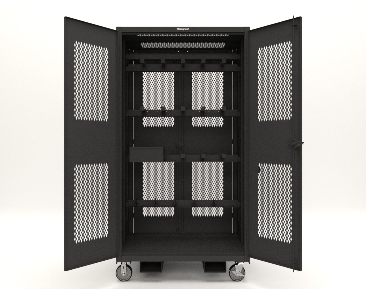 Extreme Duty 12 GA Mobile Rigging Cabinet with Ventilated Doors with Short & Long Hangers – 48 in. W x 36 in. D x 92 in. H - 47-VBS-360-24H-DBS-FLP-CA-9005