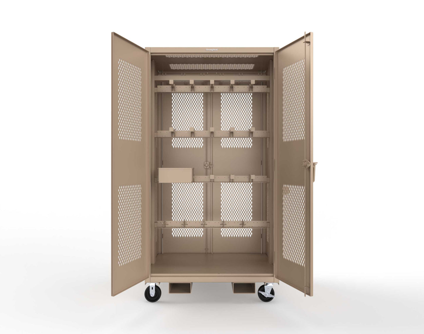 Extreme Duty 12 GA Mobile Rigging Cabinet with Ventilated Doors on Front & Back with Short & Long Hangers – 48 in. W x 36 in. D x 92 in. H - 47-VBS-360-24H-DBS-FLP-CA-1019
