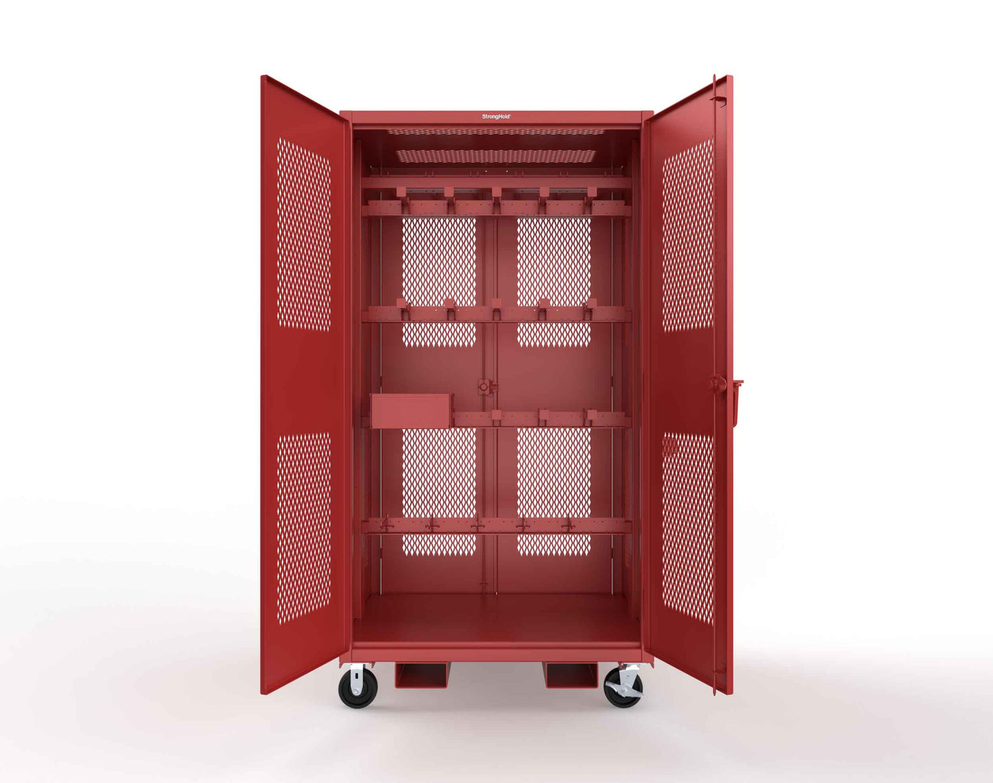 Extreme Duty 12 GA Mobile Rigging Cabinet with Ventilated Doors on Front & Back with Short & Long Hangers – 48 in. W x 36 in. D x 92 in. H - 47-VBS-360-24H-DBS-FLP-CA-3001