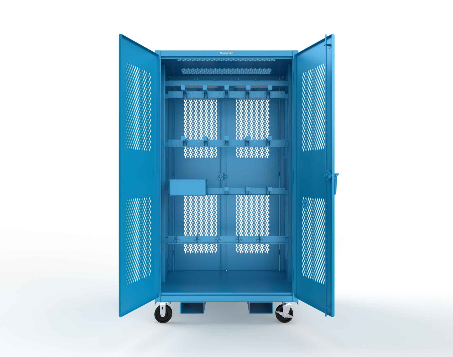 Extreme Duty 12 GA Mobile Rigging Cabinet with Ventilated Doors on Front & Back with Short & Long Hangers – 48 in. W x 36 in. D x 92 in. H - 47-VBS-360-24H-DBS-FLP-CA-5012