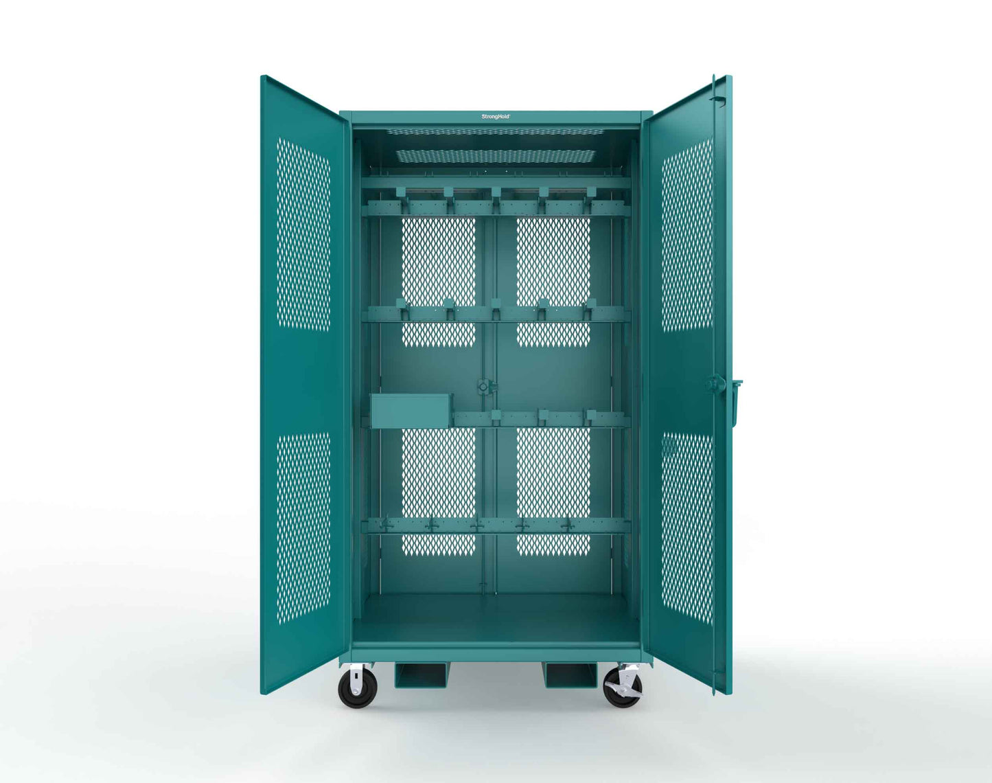 Extreme Duty 12 GA Mobile Rigging Cabinet with Ventilated Doors on Front & Back with Short & Long Hangers – 48 in. W x 36 in. D x 92 in. H - 47-VBS-360-24H-DBS-FLP-CA-5021