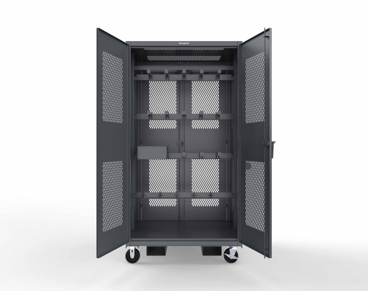 Extreme Duty 12 GA Mobile Rigging Cabinet with Ventilated Doors on Front & Back with Short & Long Hangers – 48 in. W x 36 in. D x 92 in. H - 47-VBS-360-24H-DBS-FLP-CA-7024