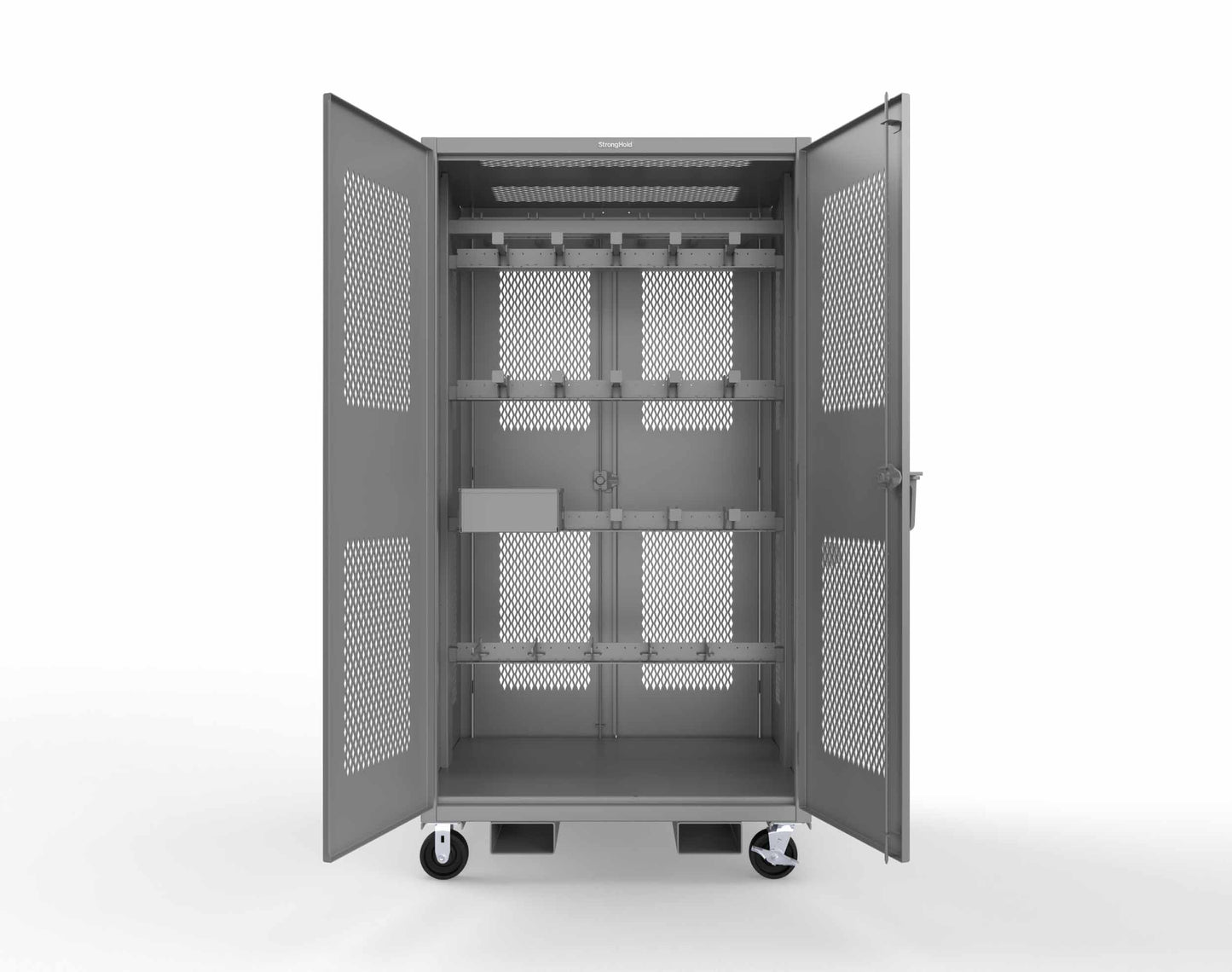 Extreme Duty 12 GA Mobile Rigging Cabinet with Ventilated Doors on Front & Back with Short & Long Hangers – 48 in. W x 36 in. D x 92 in. H - 47-VBS-360-24H-DBS-FLP-CA-7037