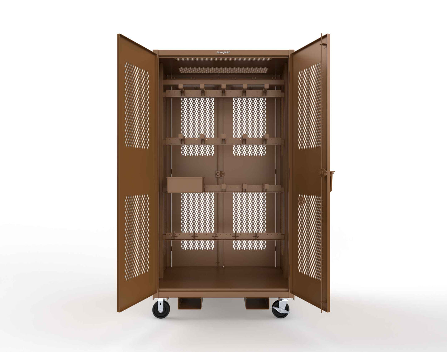 Extreme Duty 12 GA Mobile Rigging Cabinet with Ventilated Doors on Front & Back with Short & Long Hangers – 48 in. W x 36 in. D x 92 in. H - 47-VBS-360-24H-DBS-FLP-CA-8008