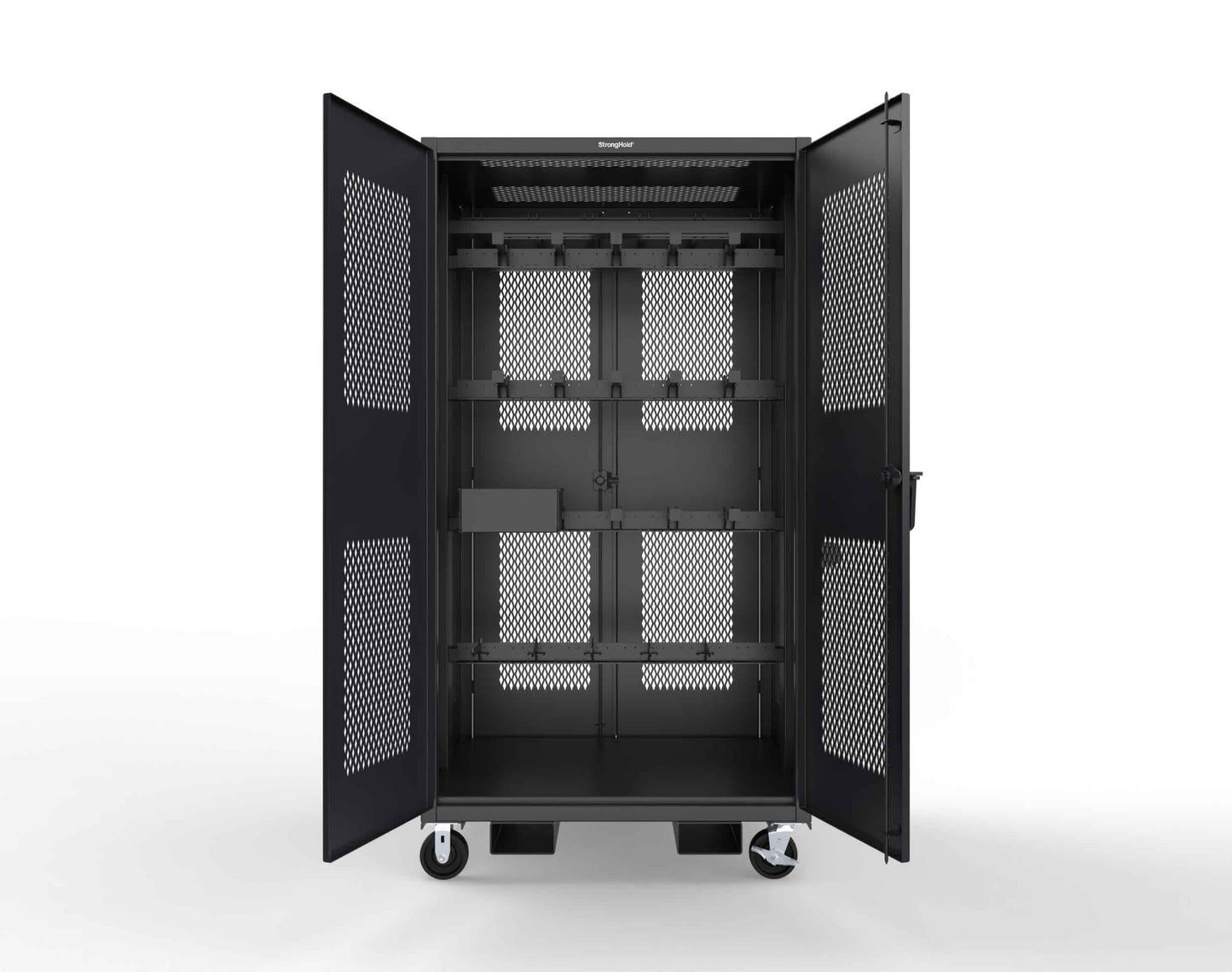 Extreme Duty 12 GA Mobile Rigging Cabinet with Ventilated Doors on Front & Back with Short & Long Hangers – 48 in. W x 36 in. D x 92 in. H - 47-VBS-360-24H-DBS-FLP-CA-9005