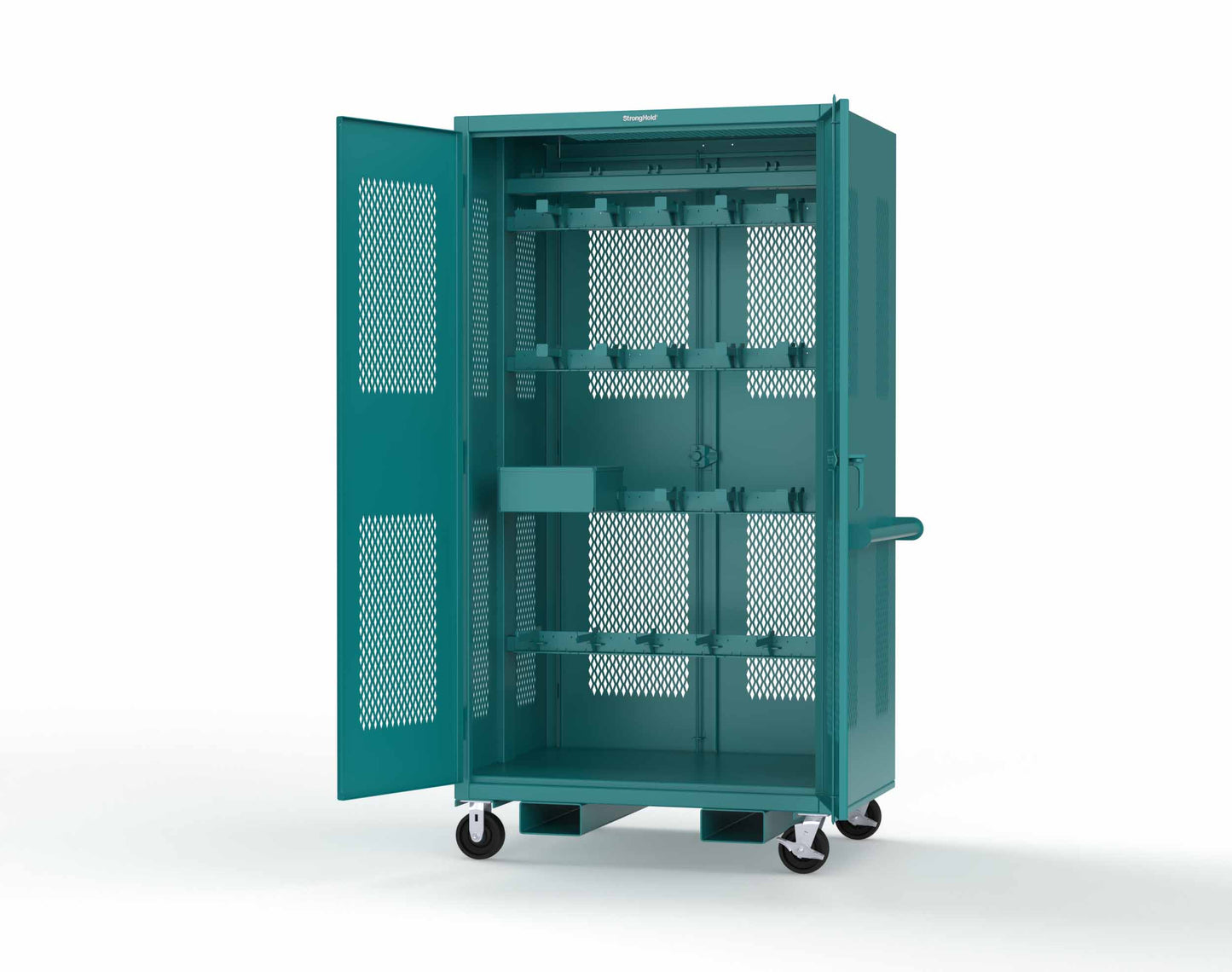 Extreme Duty 12 GA Mobile Rigging Cabinet with Ventilated Doors on Front & Back with Short & Long Hangers – 48 in. W x 36 in. D x 92 in. H - 47-VBS-360-24H-DBS-FLP-CA-5021
