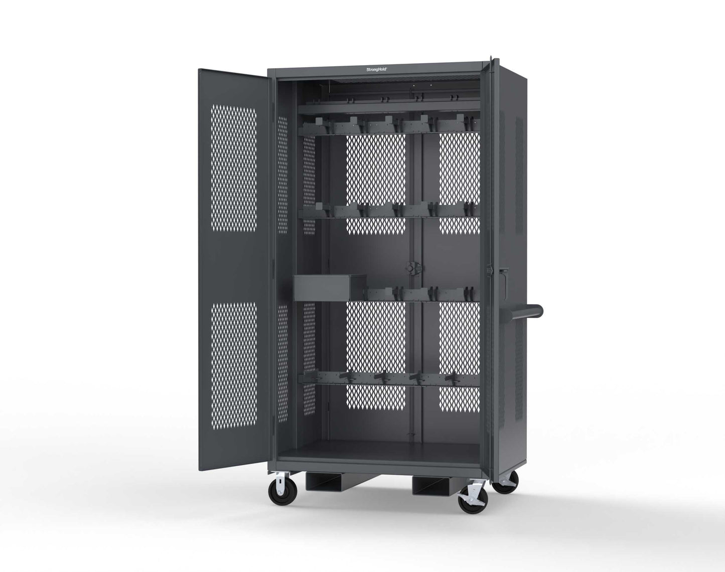 Extreme Duty 12 GA Mobile Rigging Cabinet with Ventilated Doors on Front & Back with Short & Long Hangers – 48 in. W x 36 in. D x 92 in. H - 47-VBS-360-24H-DBS-FLP-CA-7024