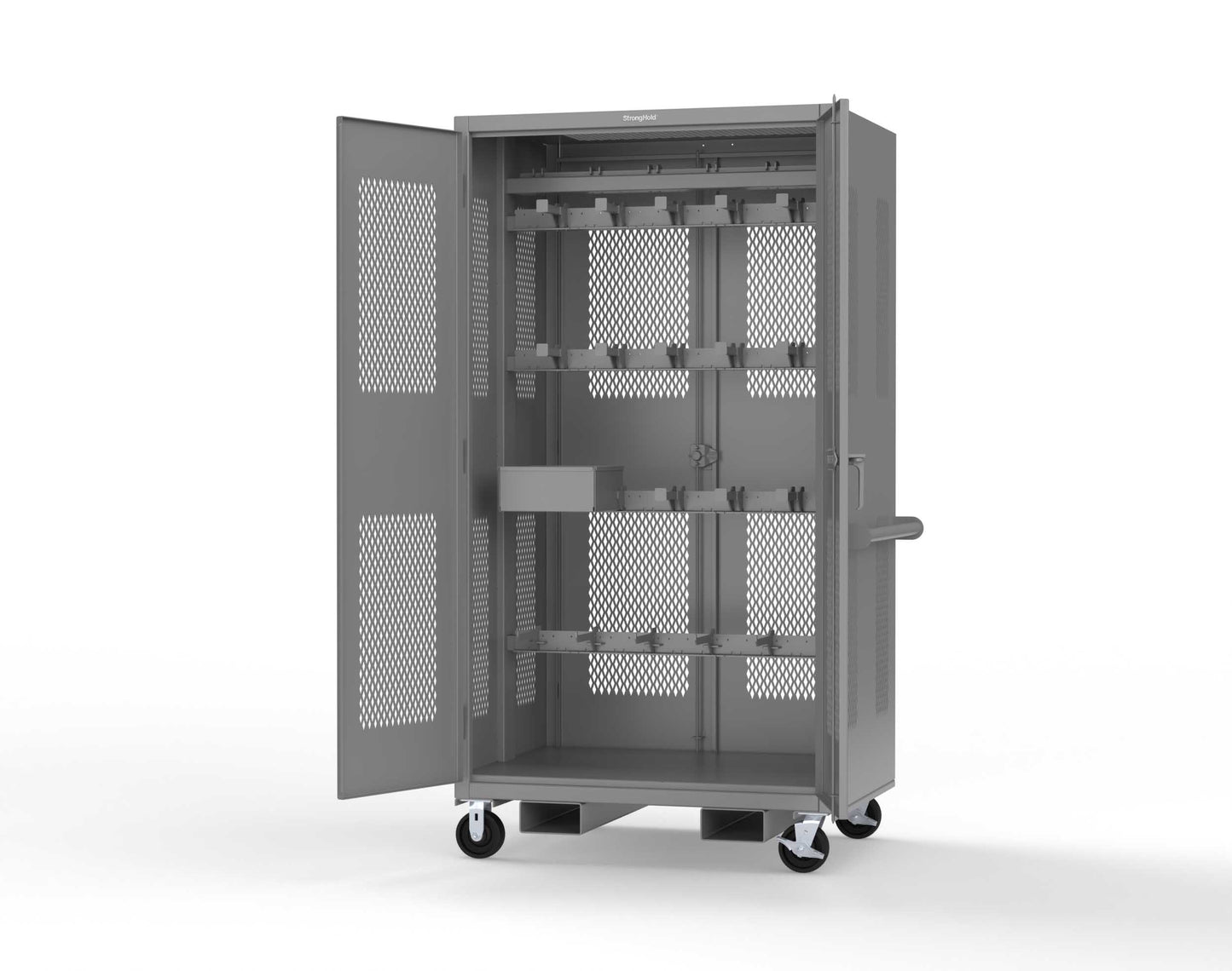 Extreme Duty 12 GA Mobile Rigging Cabinet with Ventilated Doors on Front & Back with Short & Long Hangers – 48 in. W x 36 in. D x 92 in. H - 47-VBS-360-24H-DBS-FLP-CA-7037