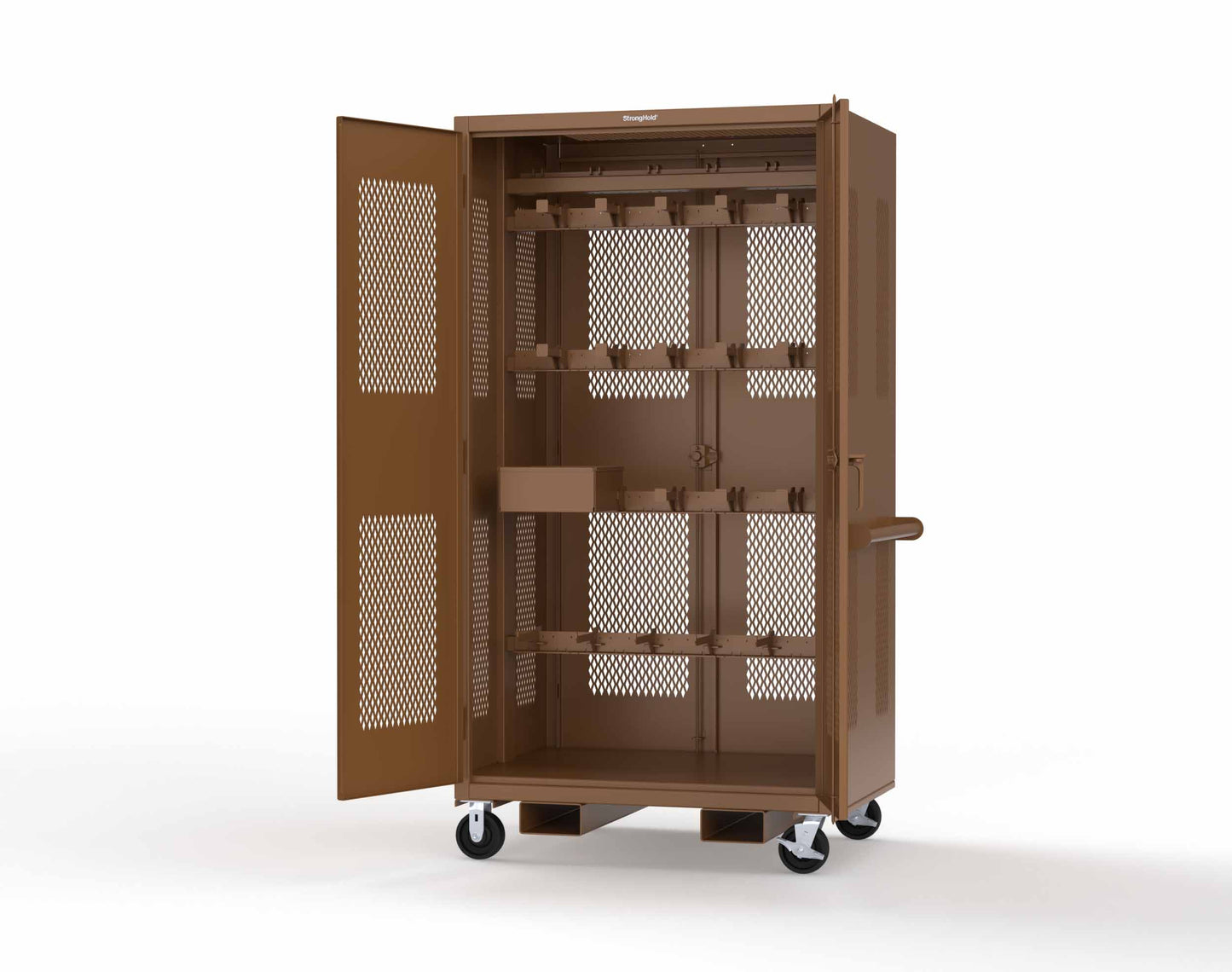 Extreme Duty 12 GA Mobile Rigging Cabinet with Ventilated Doors on Front & Back with Short & Long Hangers – 48 in. W x 36 in. D x 92 in. H - 47-VBS-360-24H-DBS-FLP-CA-8008