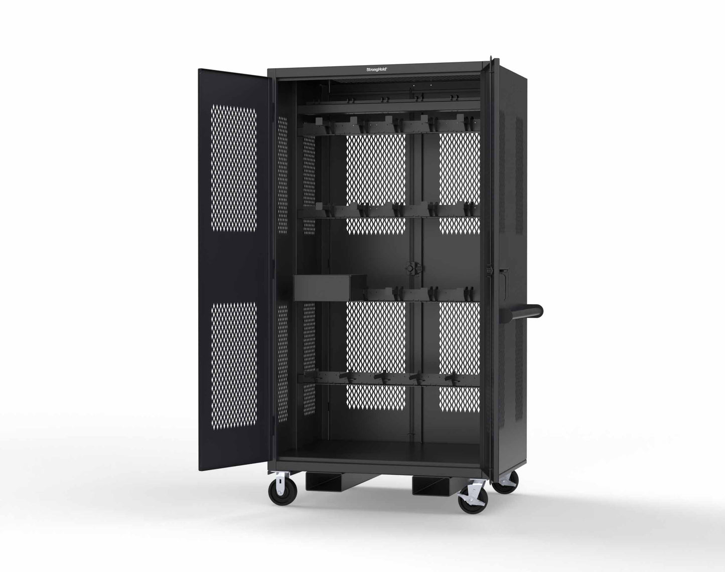 Extreme Duty 12 GA Mobile Rigging Cabinet with Ventilated Doors on Front & Back with Short & Long Hangers – 48 in. W x 36 in. D x 92 in. H - 47-VBS-360-24H-DBS-FLP-CA-9005