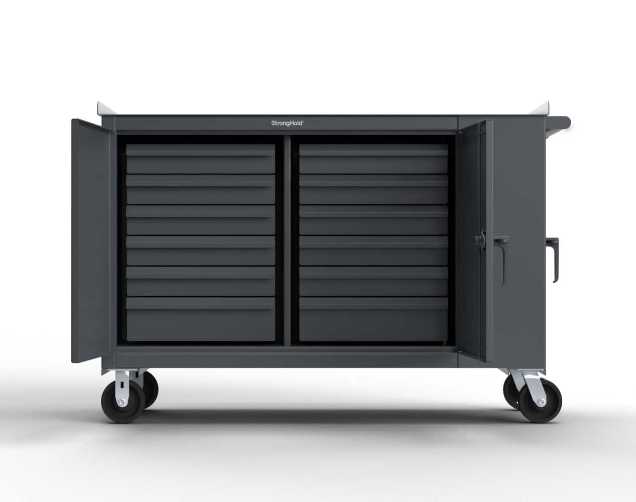 Extreme Duty 12 GA Mobile Tool Cart with Multiple Compartments, 7 GA Steel Top, 12 Half-Width Drawers, 2 Shelves - 61 in. W x 24 in. D x 42 in. H