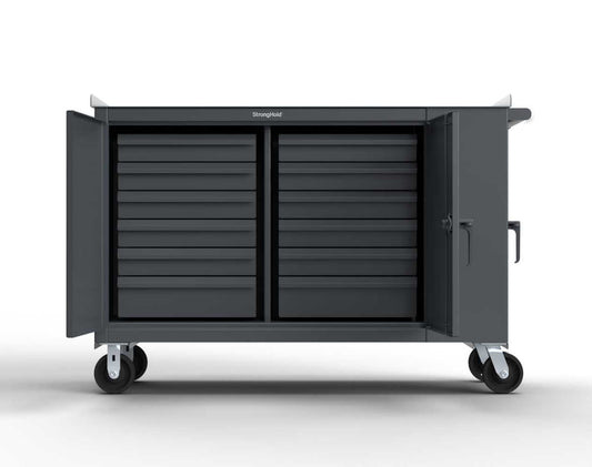 Extreme Duty 12 GA Mobile Tool Cart with Multiple Compartments, 7 GA Steel Top, 12 Half-Width Drawers, 2 Shelves - 61 in. W x 24 in. D x 42 in. H