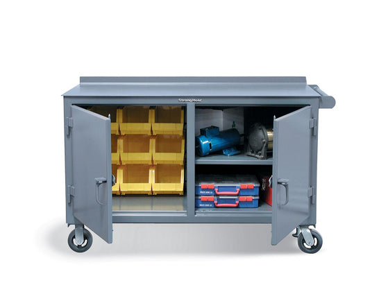 Extreme Duty 12 GA Mobile Tool Cart with Double Shift Compartments, 7 GA Steel Top, 9 Bins, 1 Shelf - 60 in. W x 30 in. D x 39 in. H