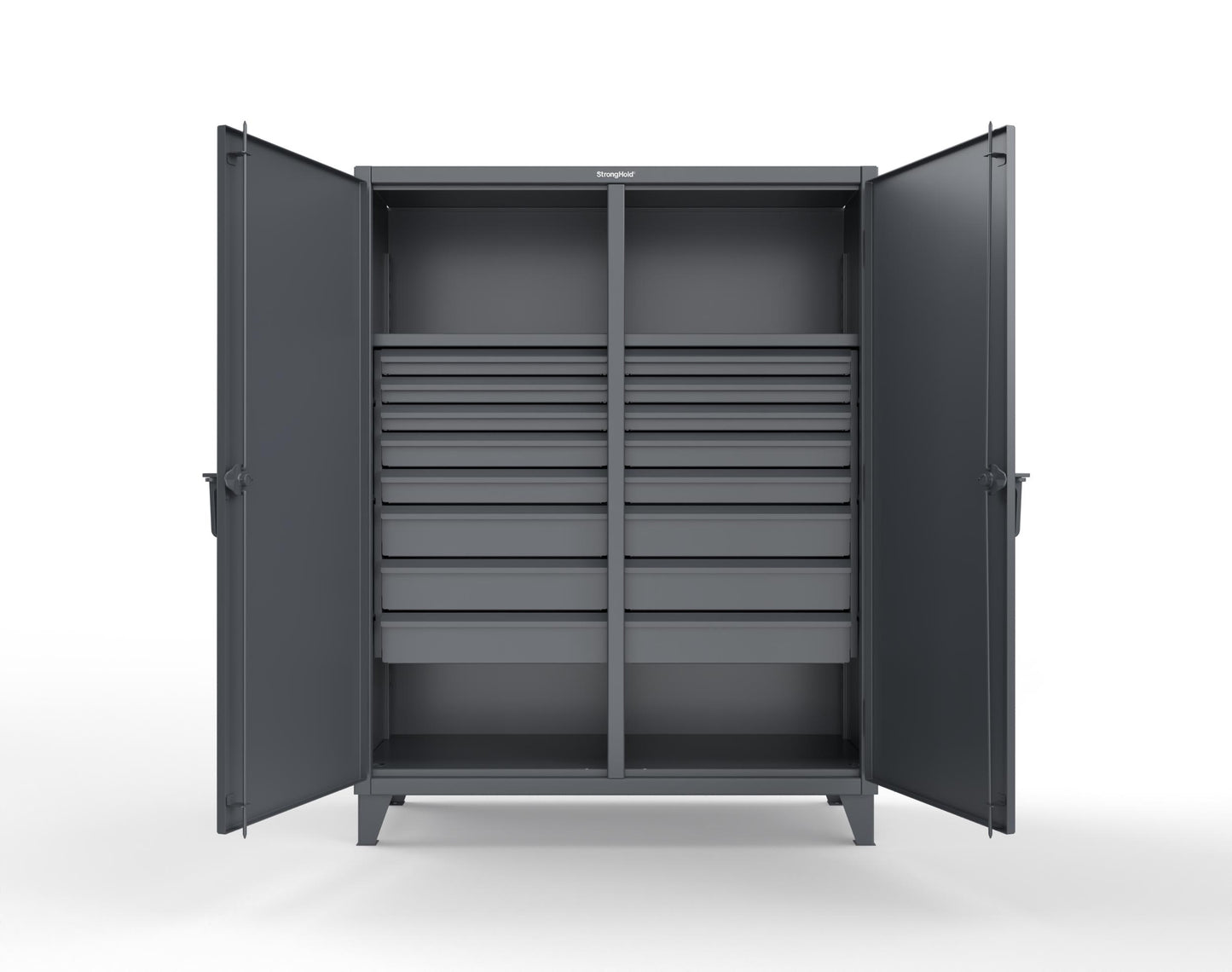 Extreme Duty 12 GA Double Shift Cabinet with 16 Drawers, 2 Shelves - 60 In. W x 24 In. D x 78 In. H - 56-DS-242-16DB-7024