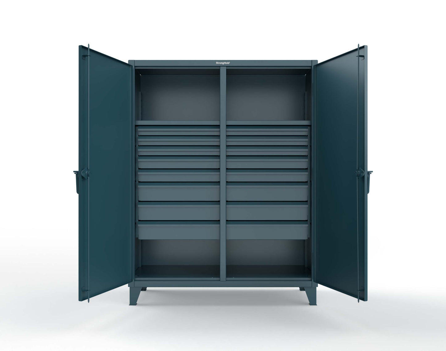 Extreme Duty 12 GA Double Shift Cabinet with 16 Drawers, 2 Shelves - 60 In. W x 24 In. D x 78 In. H - 56-DS-242-16DB-5001