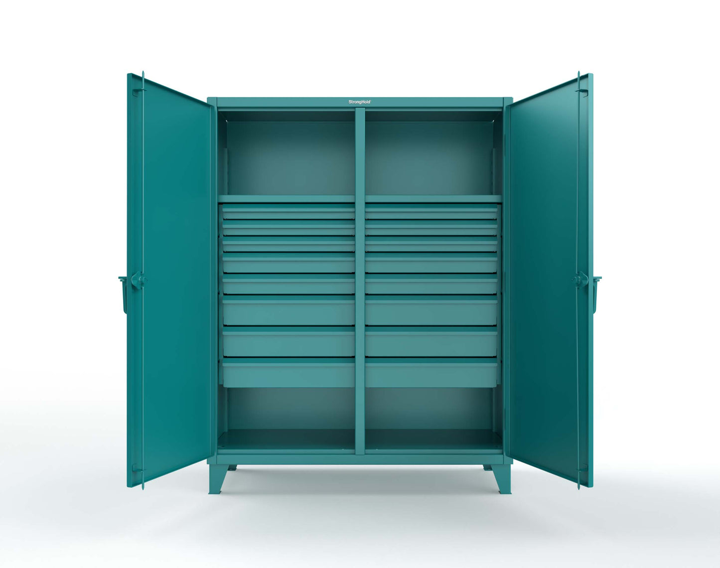 Extreme Duty 12 GA Double Shift Cabinet with 16 Drawers, 2 Shelves - 60 In. W x 24 In. D x 78 In. H - 56-DS-242-16DB-5021