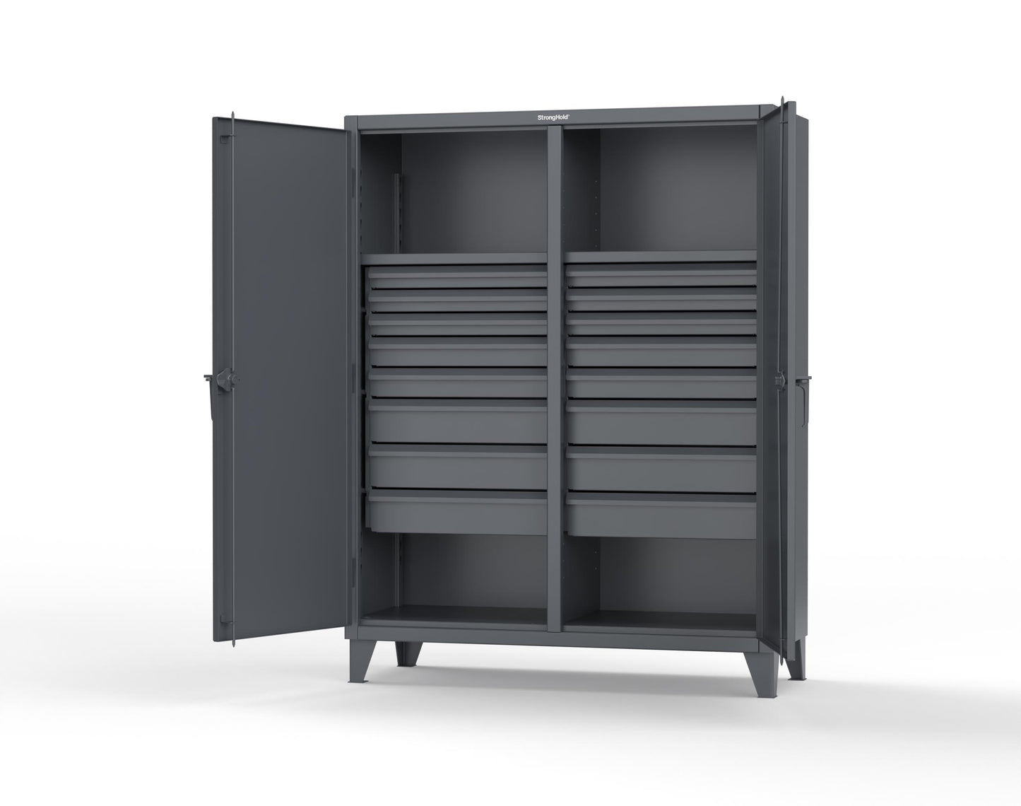 Extreme Duty 12 GA Double Shift Cabinet with 16 Drawers, 2 Shelves - 60 In. W x 24 In. D x 78 In. H - 56-DS-242-16DB-7024