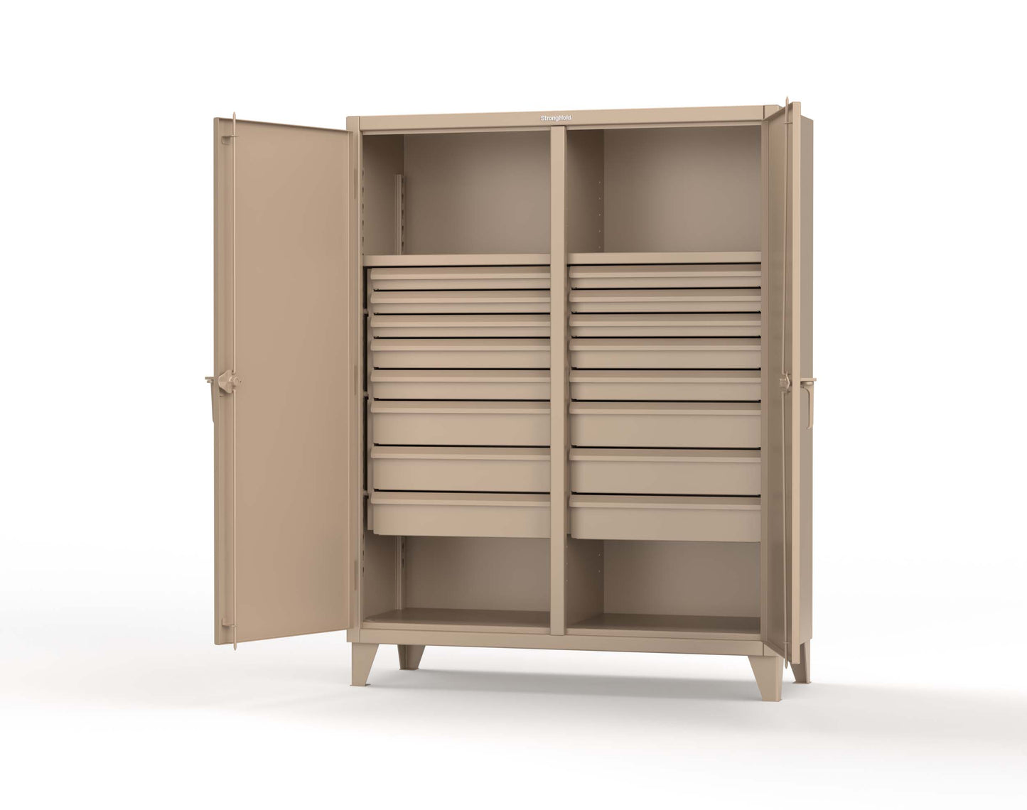 Extreme Duty 12 GA Double Shift Cabinet with 16 Drawers, 2 Shelves - 60 In. W x 24 In. D x 78 In. H - 56-DS-242-16DB-1019