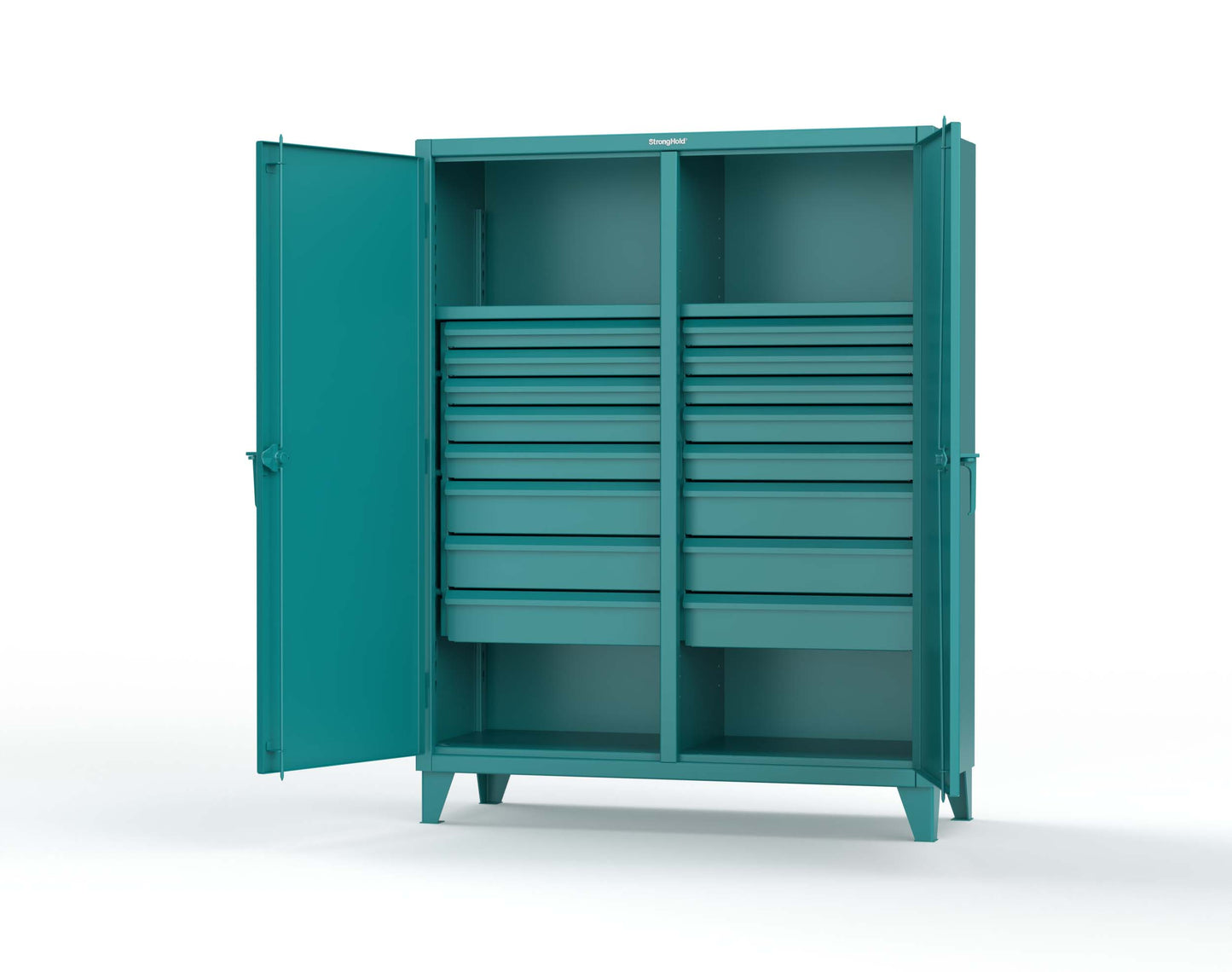 Extreme Duty 12 GA Double Shift Cabinet with 16 Drawers, 2 Shelves - 60 In. W x 24 In. D x 78 In. H - 56-DS-242-16DB-5021