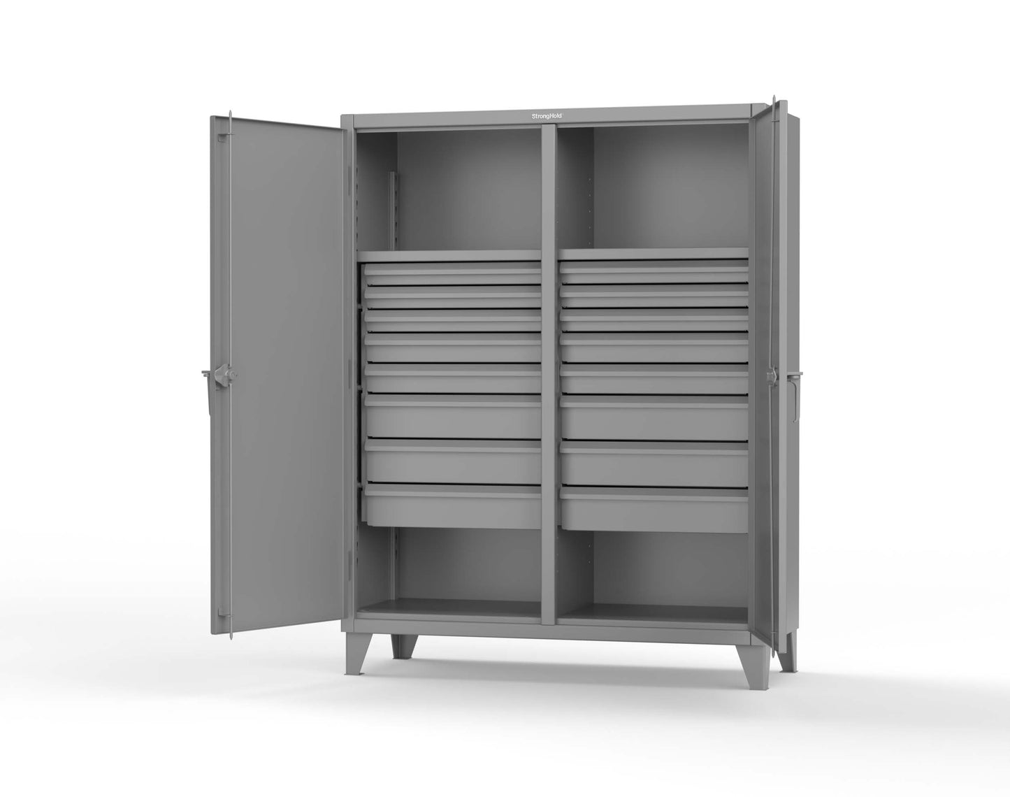 Extreme Duty 12 GA Double Shift Cabinet with 16 Drawers, 2 Shelves - 60 In. W x 24 In. D x 78 In. H - 56-DS-242-16DB-7037