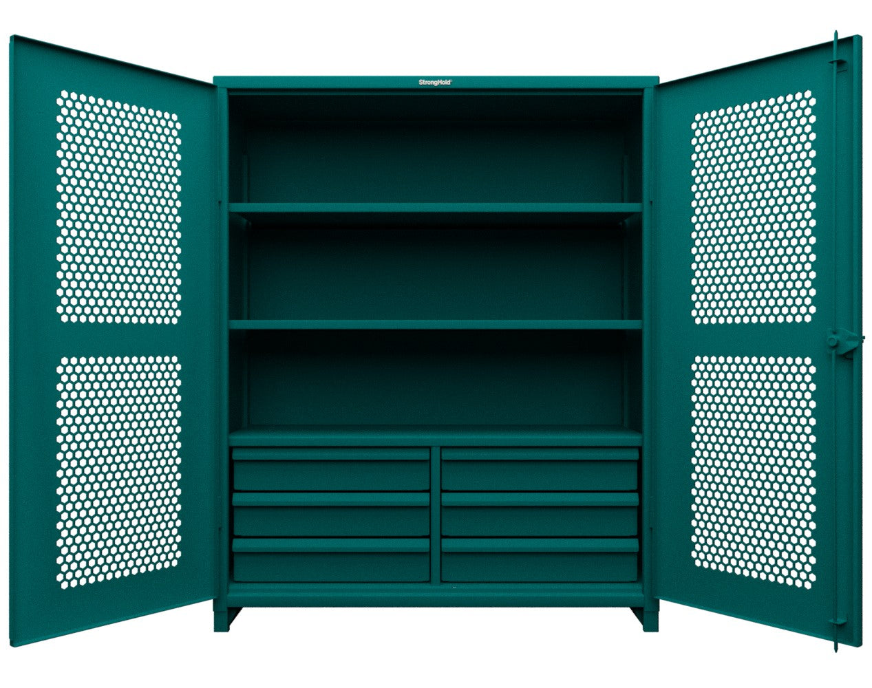 Extra Heavy Duty 14 GA Ventilated (Hex) Cabinet with 6 Half-Width Drawers, 3 Shelves - 60 In. W x 24 In. D x 75 In. H
