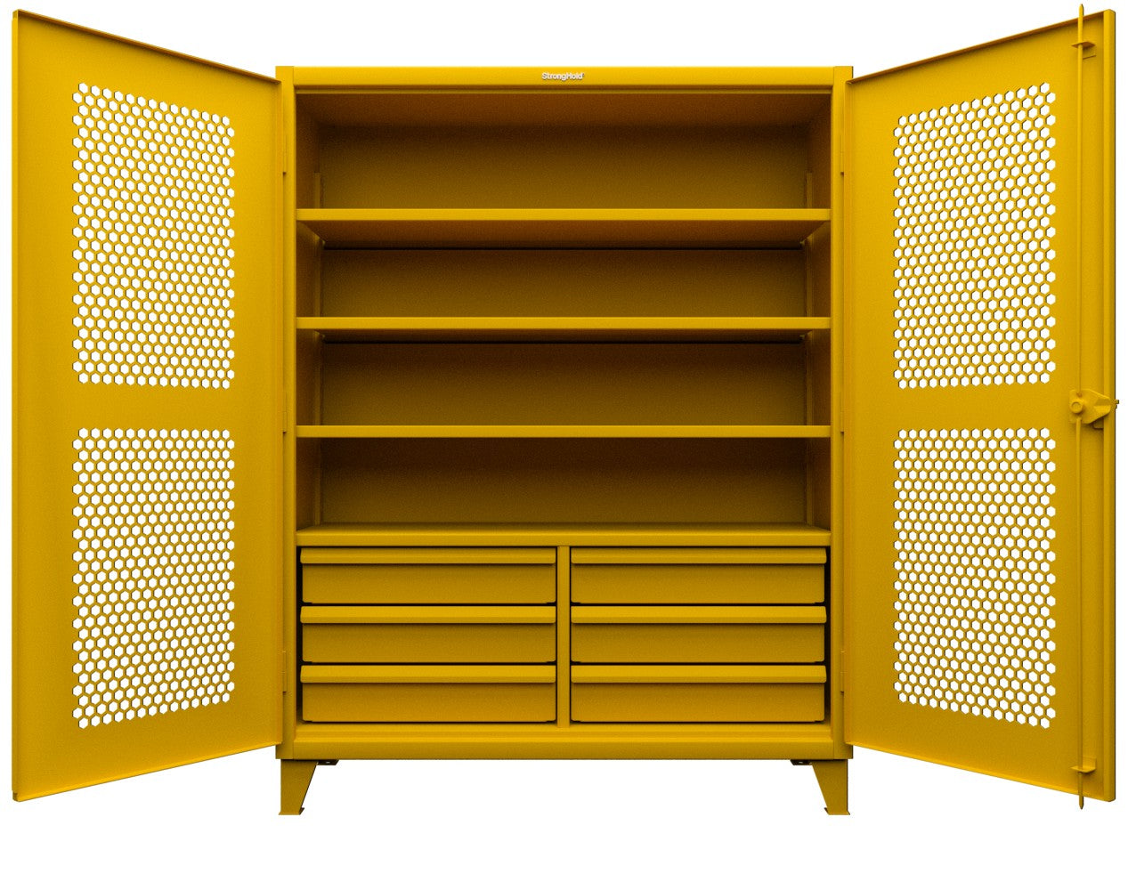 Extreme Duty 12 GA Ventilated (Hex) Cabinet with 6 Half-Width Drawers, 4 Shelves - 60 In. W x 24 In. D x 78 In. H - 56-H-244-6/5DB-1021