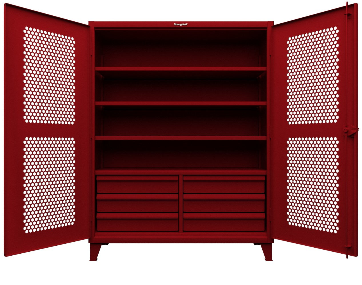 Extreme Duty 12 GA Ventilated (Hex) Cabinet with 6 Half-Width Drawers, 4 Shelves - 60 In. W x 24 In. D x 78 In. H - 56-H-244-6/5DB-3001