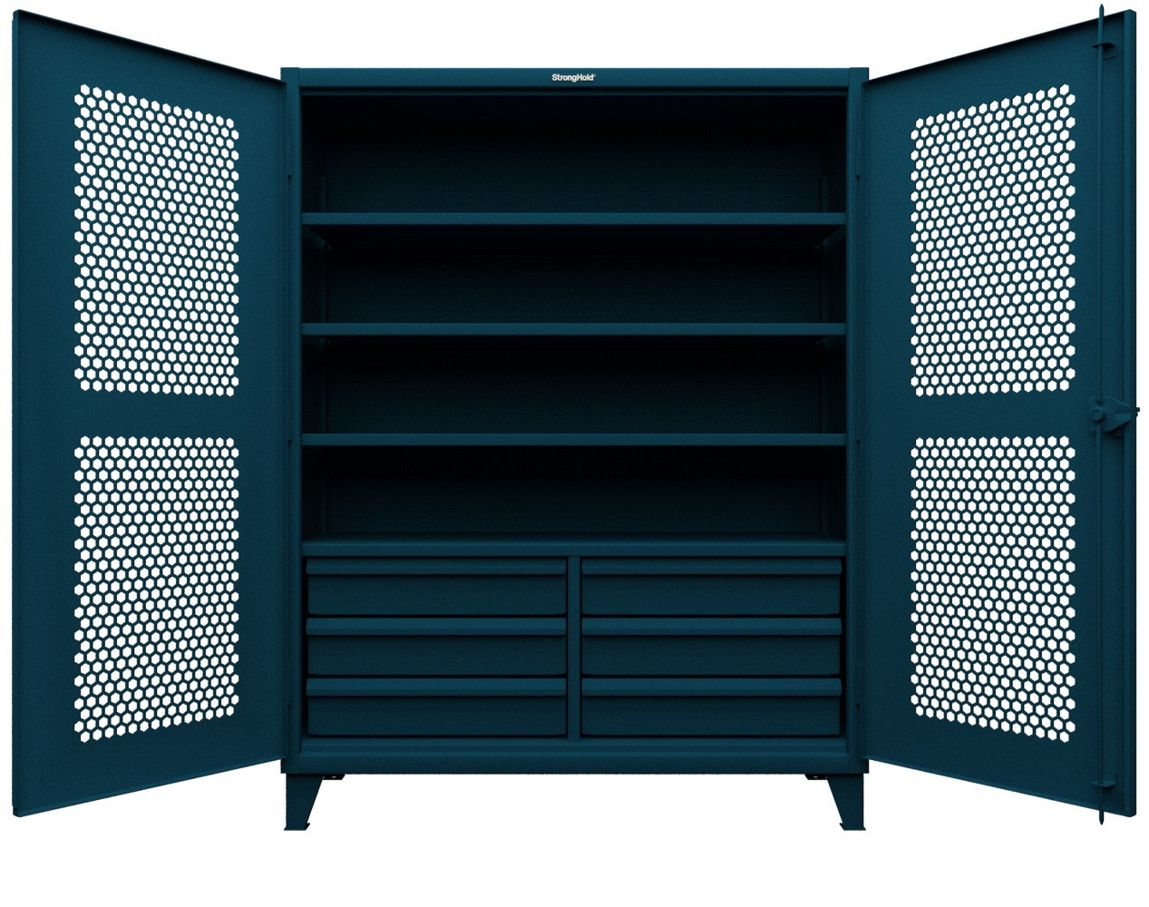 Extreme Duty 12 GA Ventilated (Hex) Cabinet with 6 Half-Width Drawers, 4 Shelves - 60 In. W x 24 In. D x 78 In. H - 56-H-244-6/5DB-5001