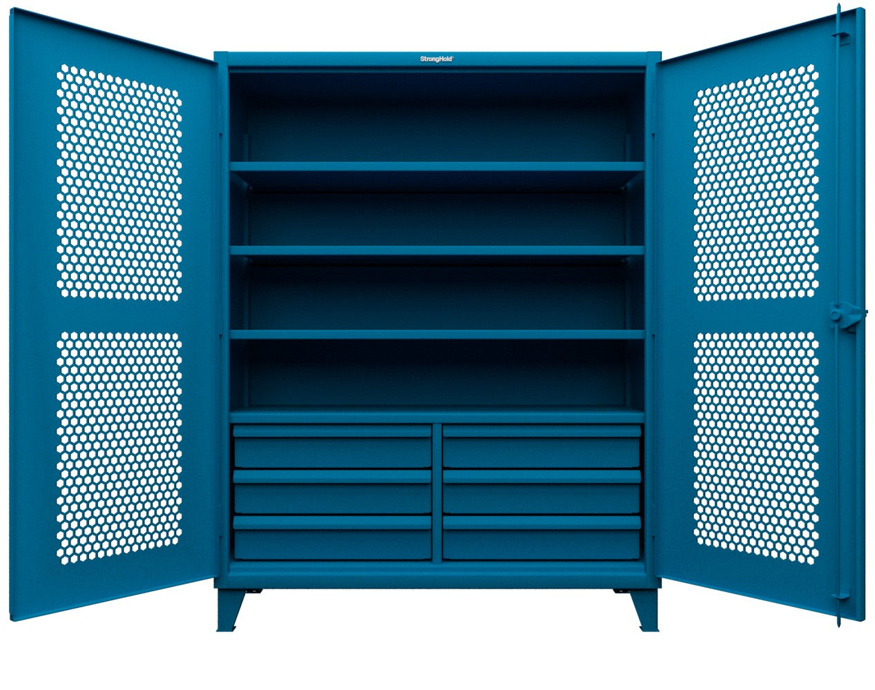 Extreme Duty 12 GA Ventilated (Hex) Cabinet with 6 Half-Width Drawers, 4 Shelves - 60 In. W x 24 In. D x 78 In. H - 56-H-244-6/5DB-5012