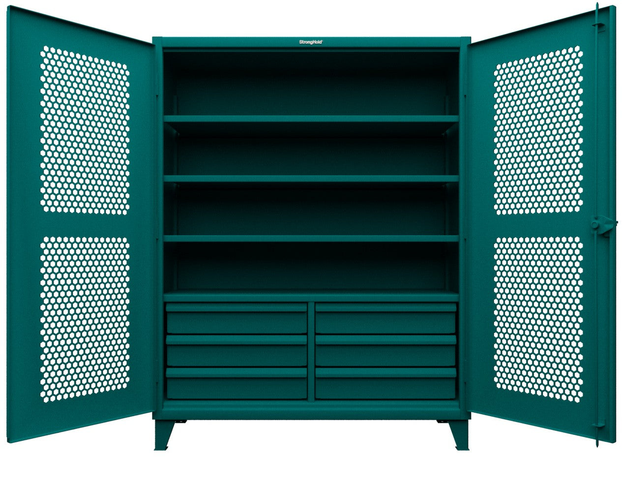 Extreme Duty 12 GA Ventilated (Hex) Cabinet with 6 Half-Width Drawers, 4 Shelves - 60 In. W x 24 In. D x 78 In. H - 56-H-244-6/5DB-5021