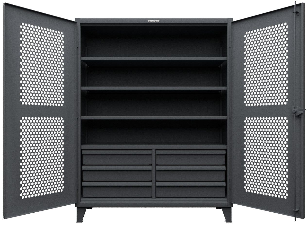 Extreme Duty 12 GA Ventilated (Hex) Cabinet with 6 Half-Width Drawers, 4 Shelves - 60 In. W x 24 In. D x 78 In. H - 56-H-244-6/5DB-7024