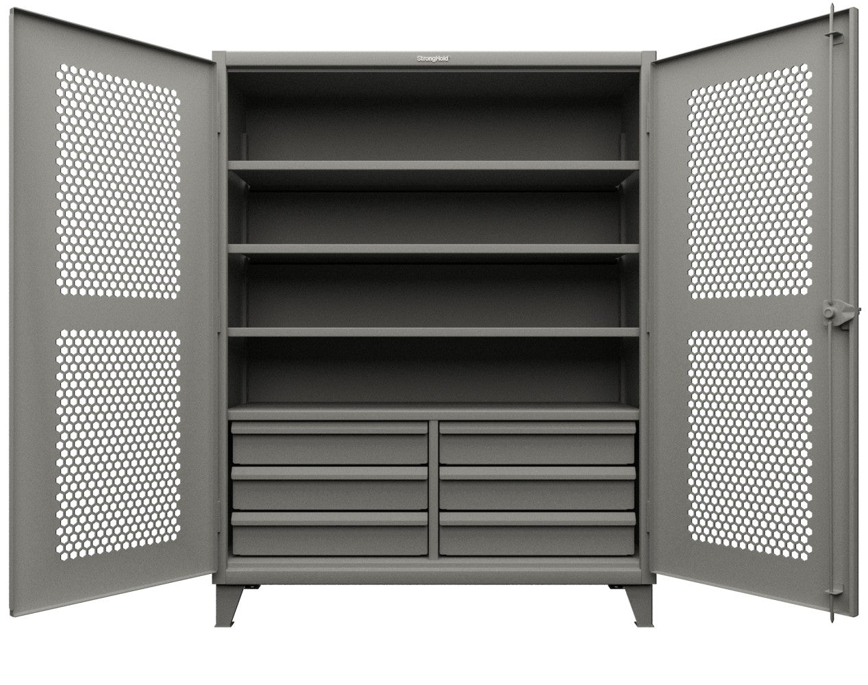 Extreme Duty 12 GA Ventilated (Hex) Cabinet with 6 Half-Width Drawers, 4 Shelves - 60 In. W x 24 In. D x 78 In. H - 56-H-244-6/5DB-7037