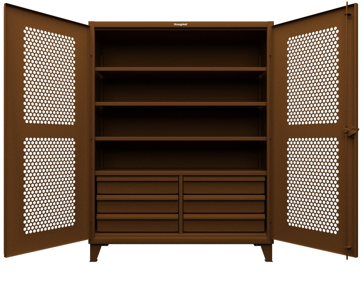 Extreme Duty 12 GA Ventilated (Hex) Cabinet with 6 Half-Width Drawers, 4 Shelves - 60 In. W x 24 In. D x 78 In. H - 56-H-244-6/5DB-8008