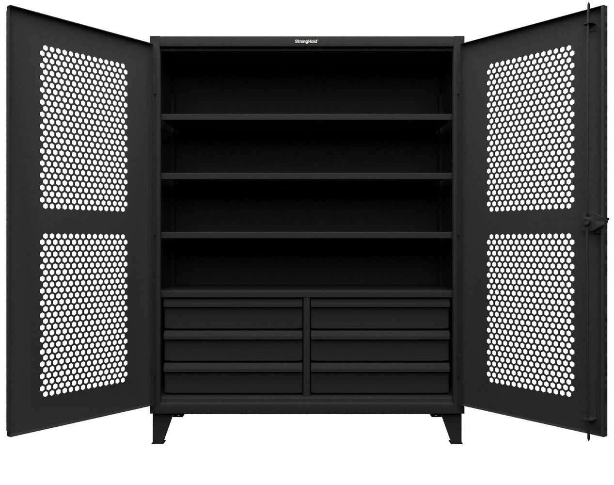 Extreme Duty 12 GA Ventilated (Hex) Cabinet with 6 Half-Width Drawers, 4 Shelves - 60 In. W x 24 In. D x 78 In. H - 56-H-244-6/5DB-9005