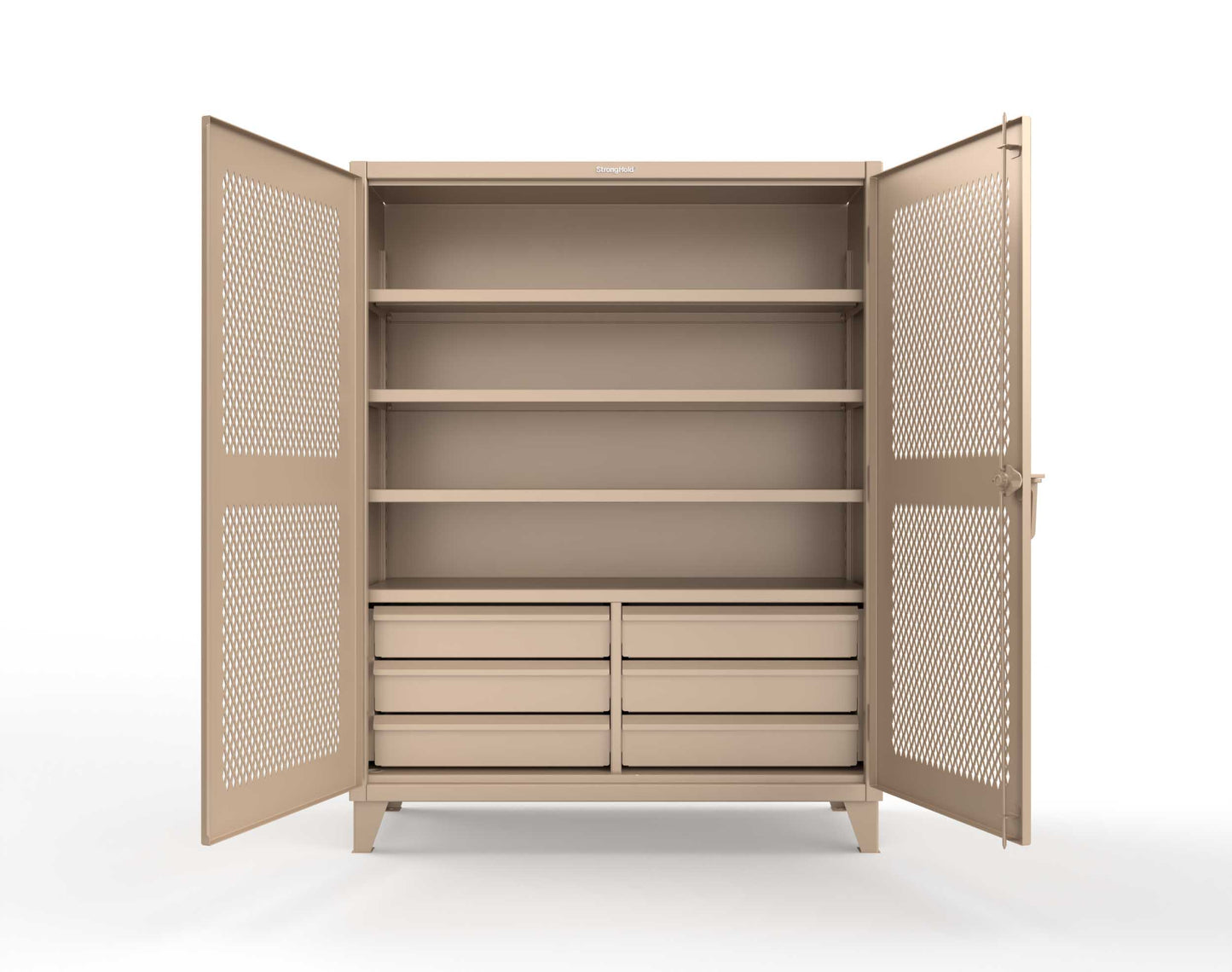 Extreme Duty 12 GA Ventilated (Diamond) Cabinet with 6 Half-Width Drawers, 4 Shelves - 60 In. W x 24 In. D x 78 In. H - 56-V-244-6/5DB-1019