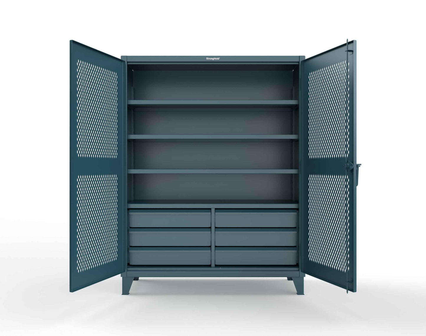 Extreme Duty 12 GA Ventilated (Diamond) Cabinet with 6 Half-Width Drawers, 4 Shelves - 60 In. W x 24 In. D x 78 In. H - 56-V-244-6/5DB-5001