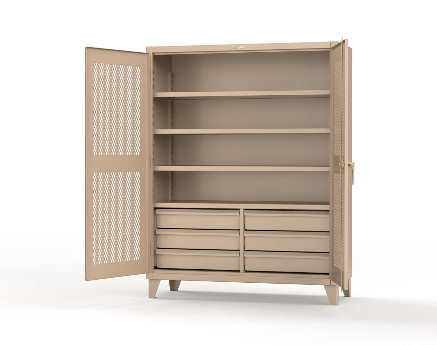 Extreme Duty 12 GA Ventilated (Diamond) Cabinet with 6 Half-Width Drawers, 4 Shelves - 60 In. W x 24 In. D x 78 In. H - 56-V-244-6/5DB-1019
