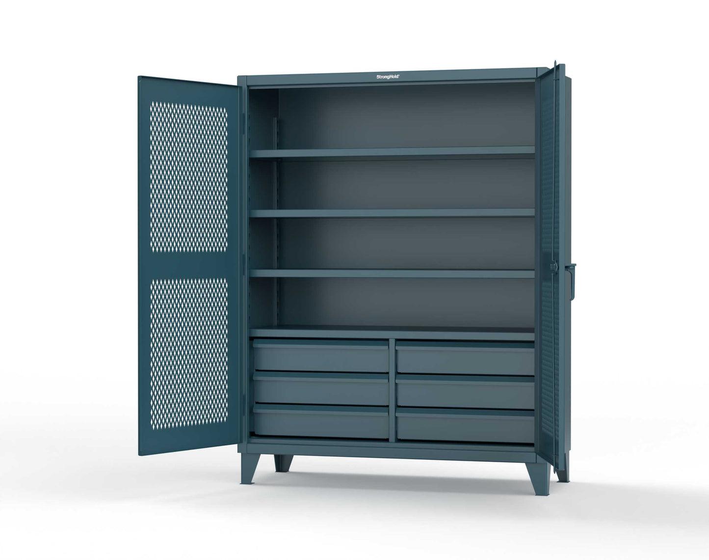 Extreme Duty 12 GA Ventilated (Diamond) Cabinet with 6 Half-Width Drawers, 4 Shelves - 60 In. W x 24 In. D x 78 In. H - 56-V-244-6/5DB-5001