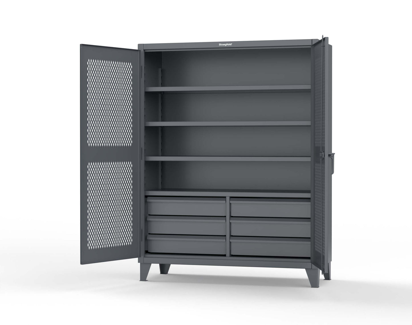 Extreme Duty 12 GA Ventilated (Diamond) Cabinet with 6 Half-Width Drawers, 4 Shelves - 60 In. W x 24 In. D x 78 In. H - 56-V-244-6/5DB-7024