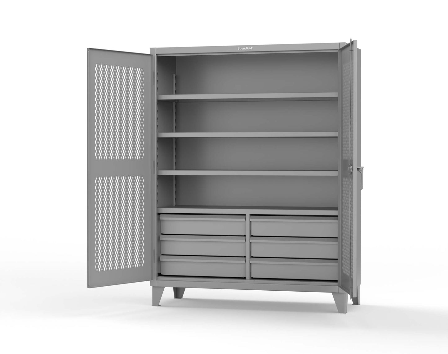 Extreme Duty 12 GA Ventilated (Diamond) Cabinet with 6 Half-Width Drawers, 4 Shelves - 60 In. W x 24 In. D x 78 In. H - 56-V-244-6/5DB-7037