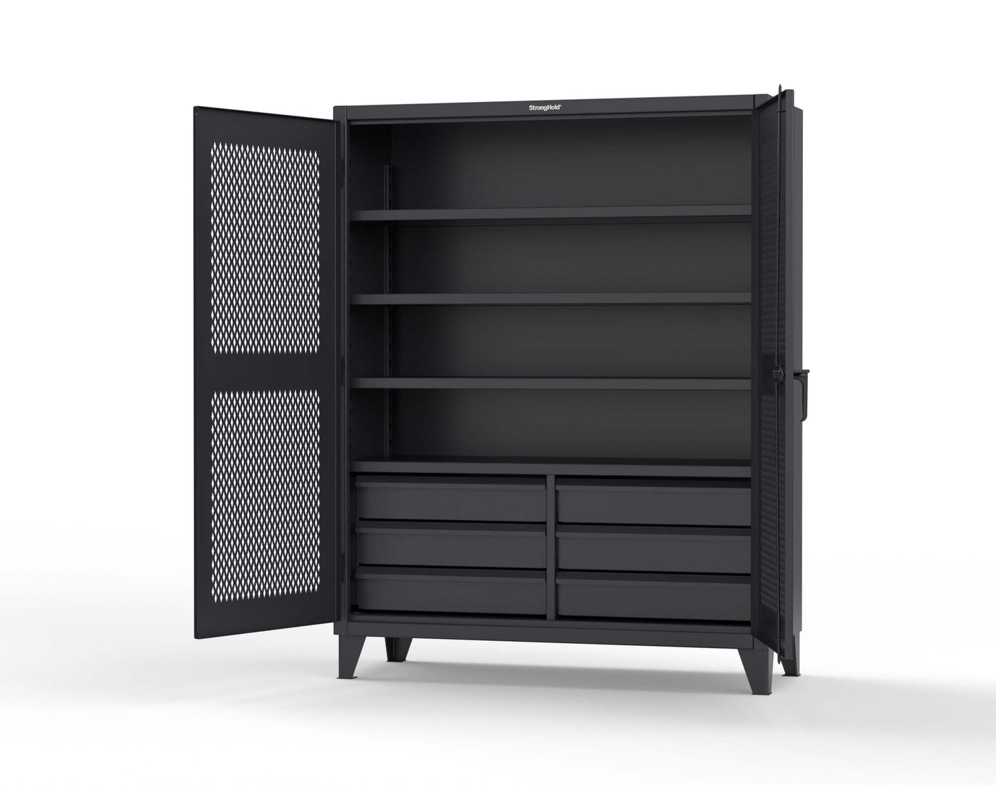 Extreme Duty 12 GA Ventilated (Diamond) Cabinet with 6 Half-Width Drawers, 4 Shelves - 60 In. W x 24 In. D x 78 In. H - 56-V-244-6/5DB-9005