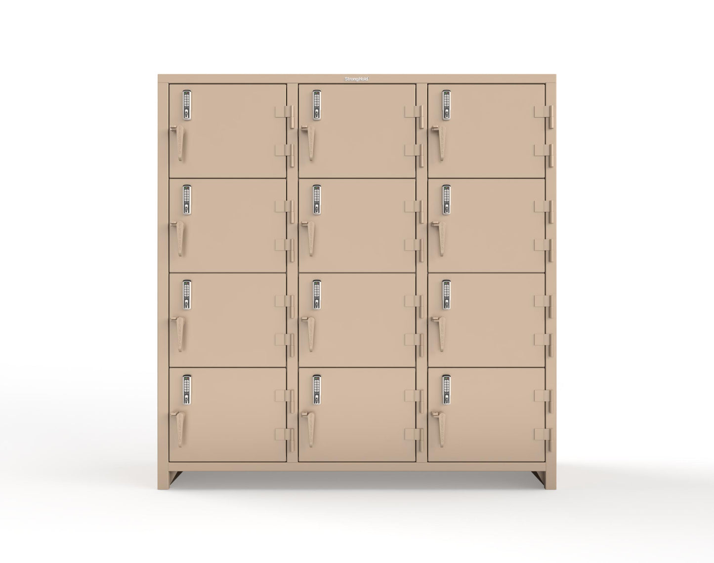 Extra Heavy Duty 14 GA 4-Tier Locker with Keyless Entry Lock, 12 Compartments – 72 in. W x 24 in. D x 75 in. H - 66-12D-24-4T-EK-L-1019