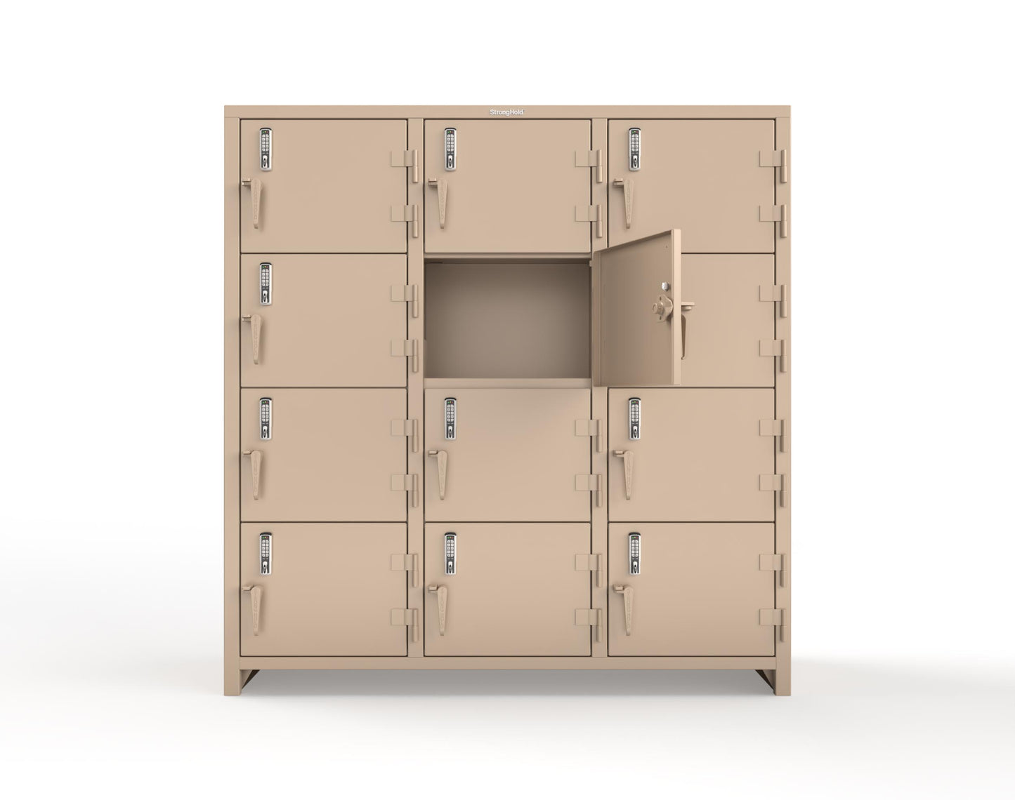 Extra Heavy Duty 14 GA 4-Tier Locker with Keyless Entry Lock, 12 Compartments – 72 in. W x 24 in. D x 75 in. H - 66-12D-24-4T-EK-L-1019