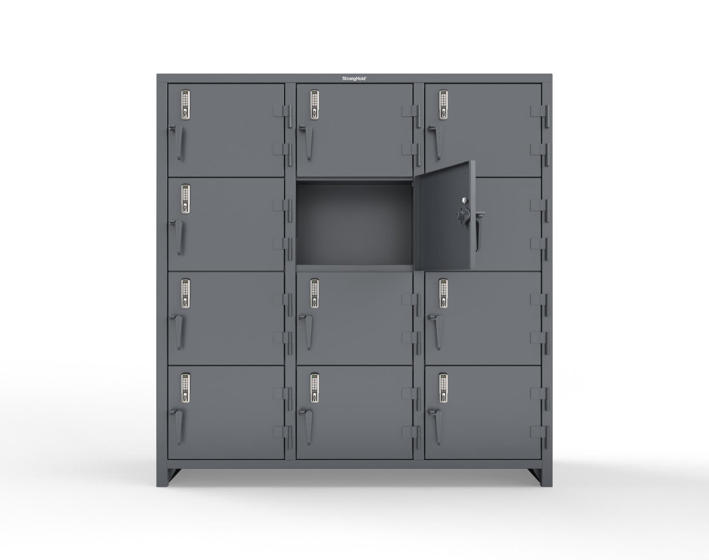 Extra Heavy Duty 14 GA 4-Tier Locker with Keyless Entry Lock, 12 Compartments – 72 in. W x 24 in. D x 75 in. H - 66-12D-24-4T-EK-L-7024